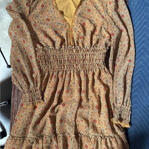 Max Studio Mustard Floral Smocked-Waist Long Sleeve Midi Dress